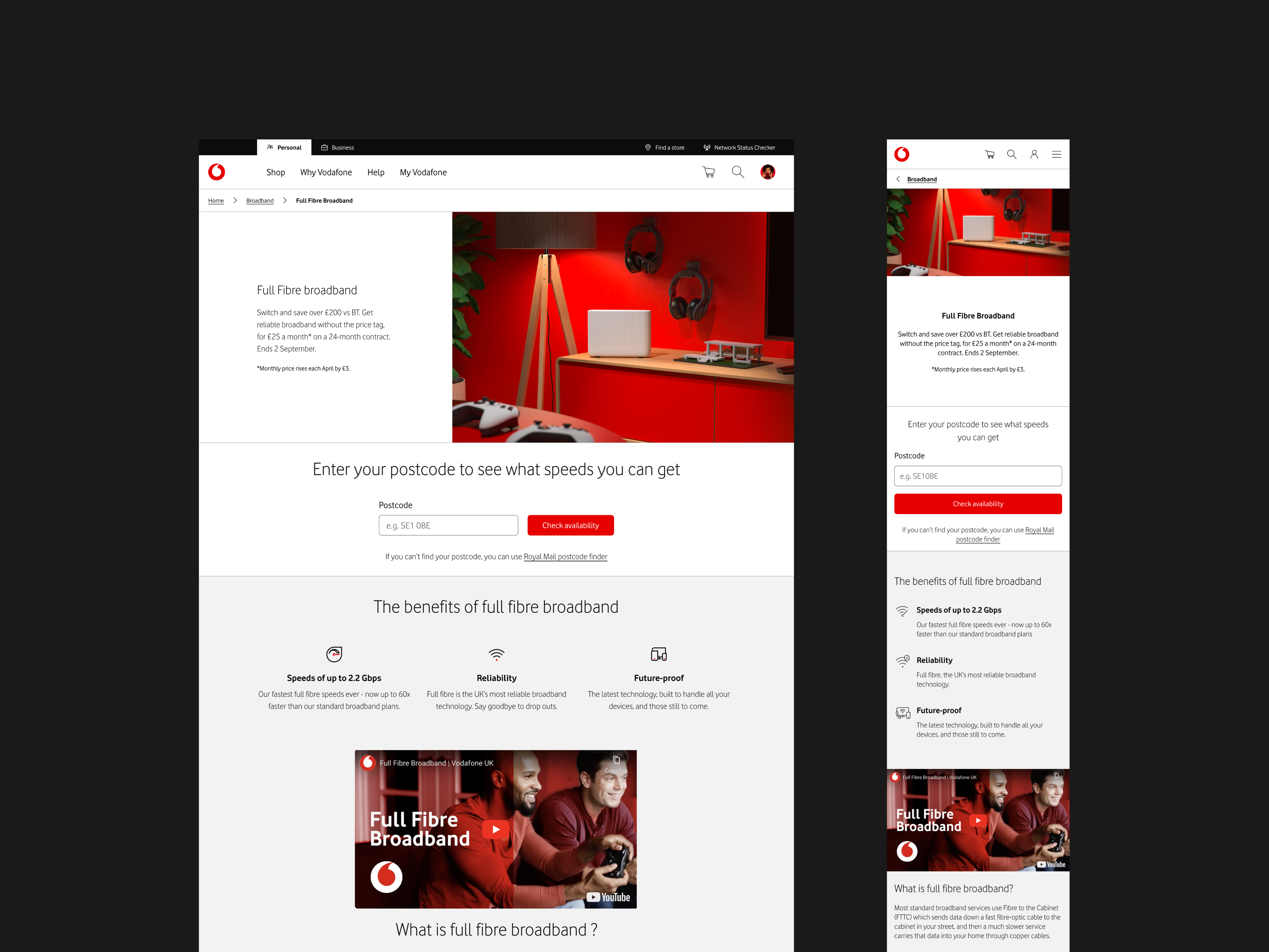 High fidelity designs of the desktop and mobile screens of the Vodafone full fibre broadband page.