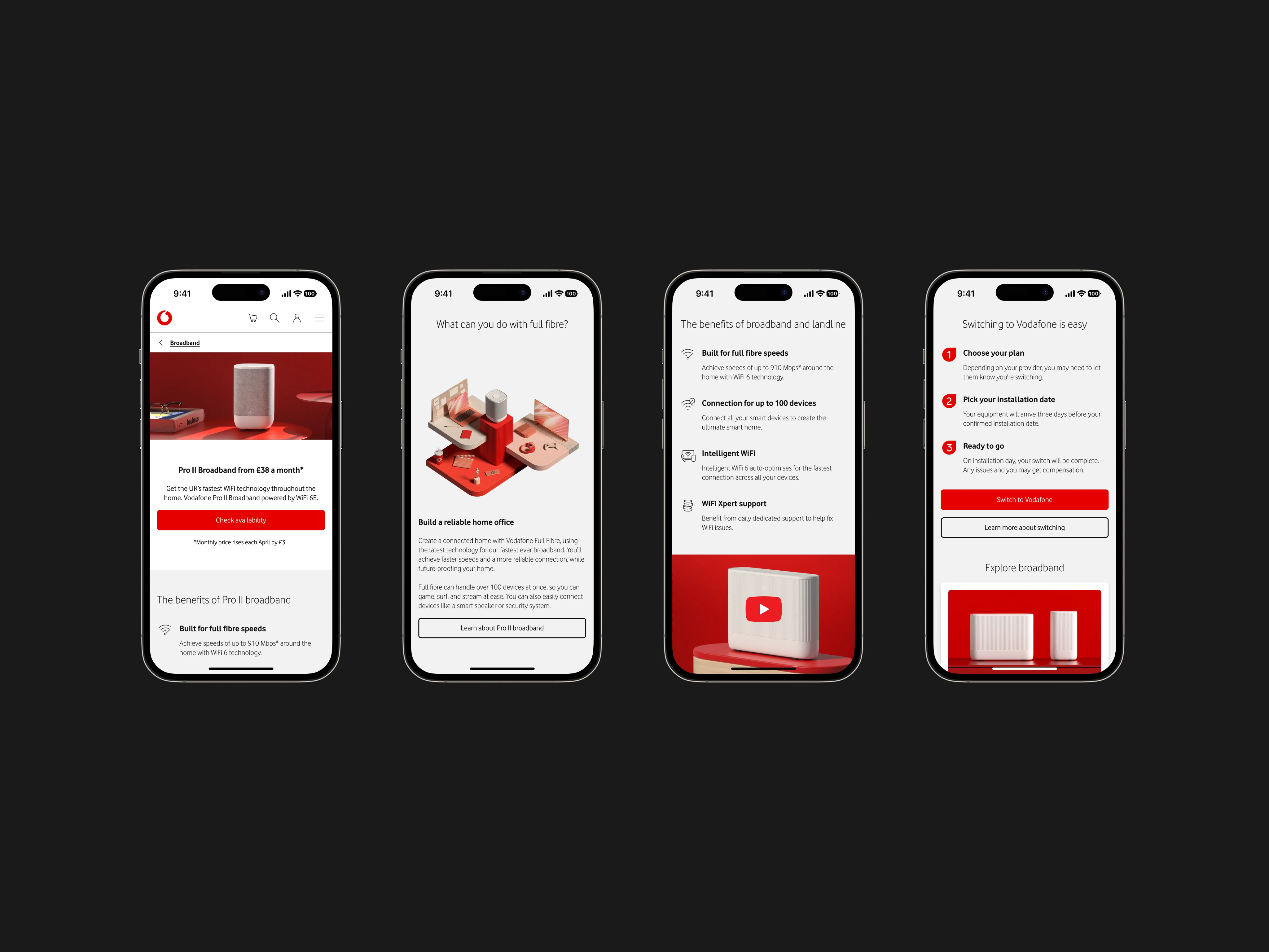 High fidelity designs of Vodafone Broadband pages in iPhone mockups.