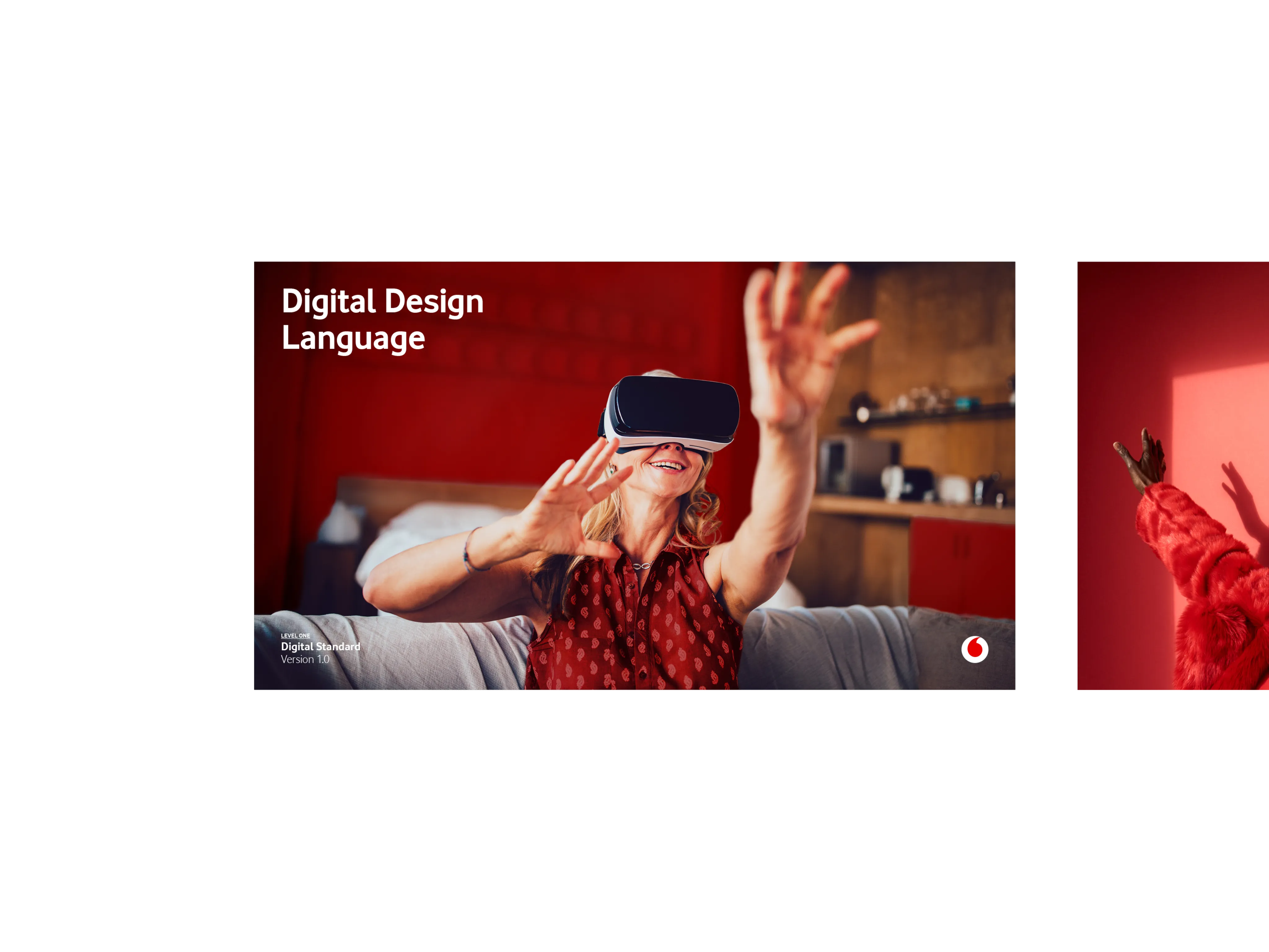 Front cover of the Vodafone design language presentation. Showing a woman interacting with a virtual reality device.