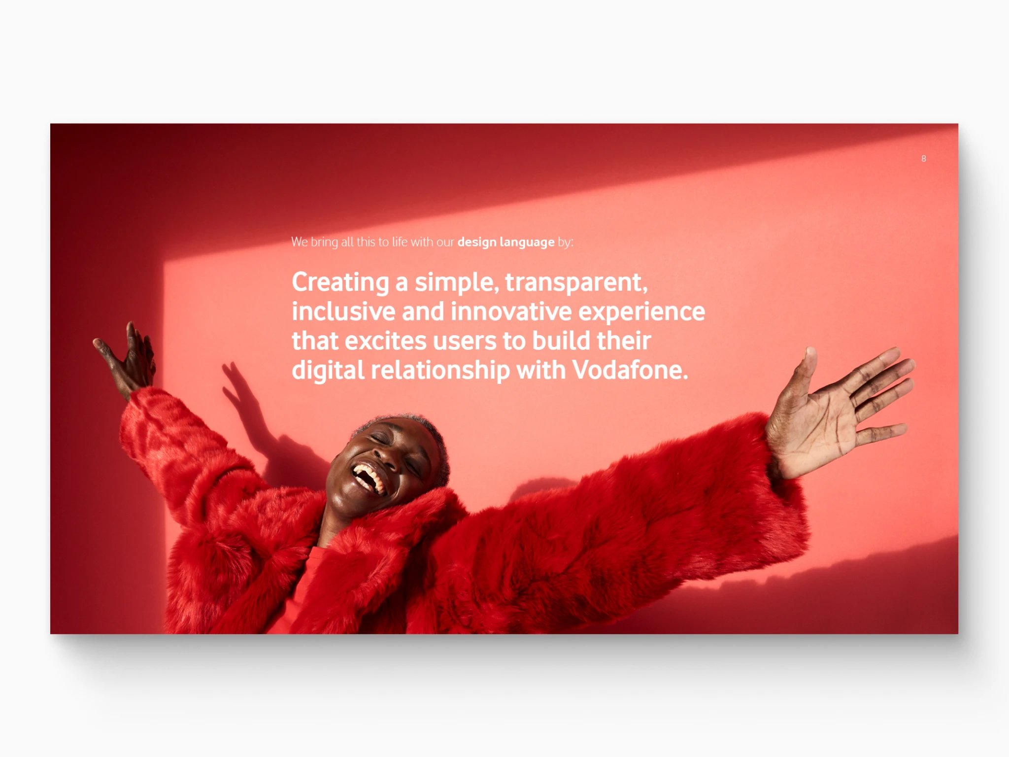 Design langauge brings goals to life: Creating a simple, transparent inclusive and innovative experience that excites users to build their digital relationship with Vodafone.