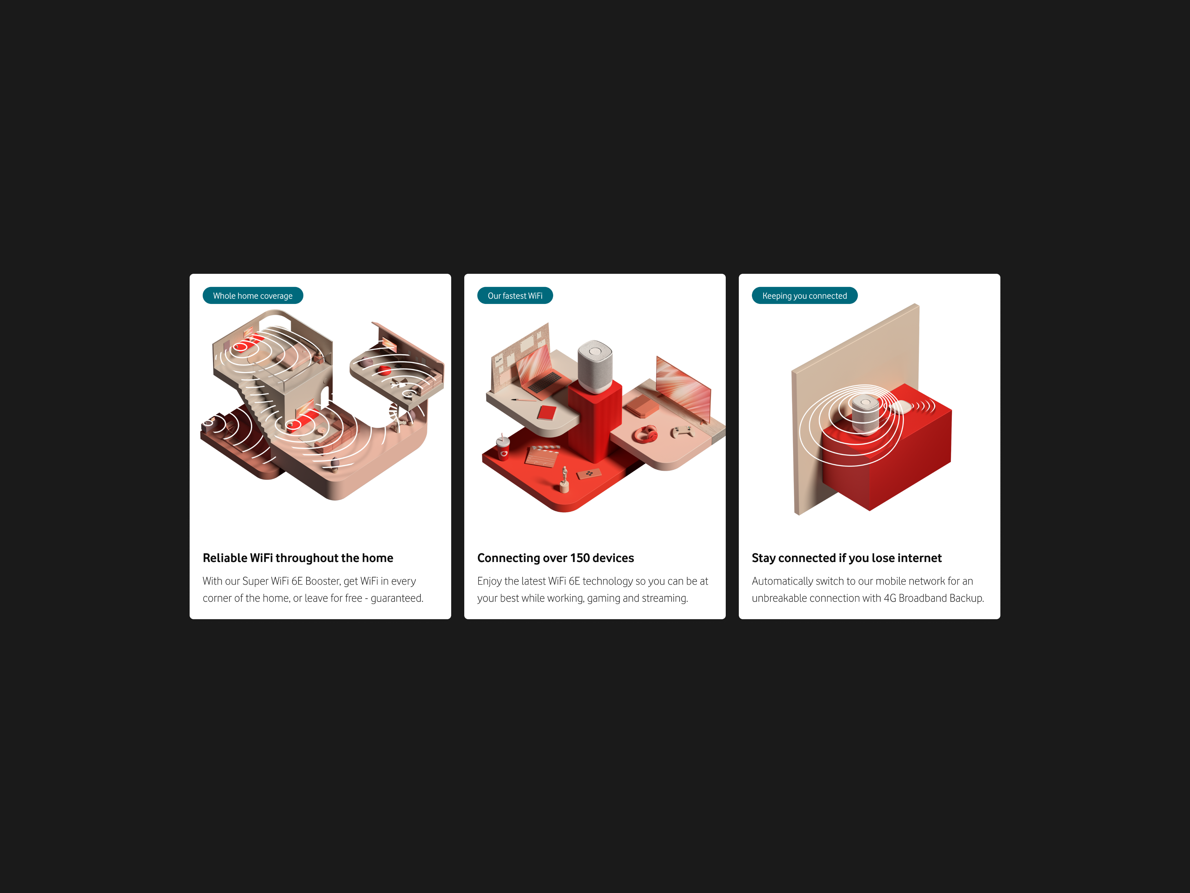 Close up of three product benefit cards detailing the benefits of Pro II broadband.