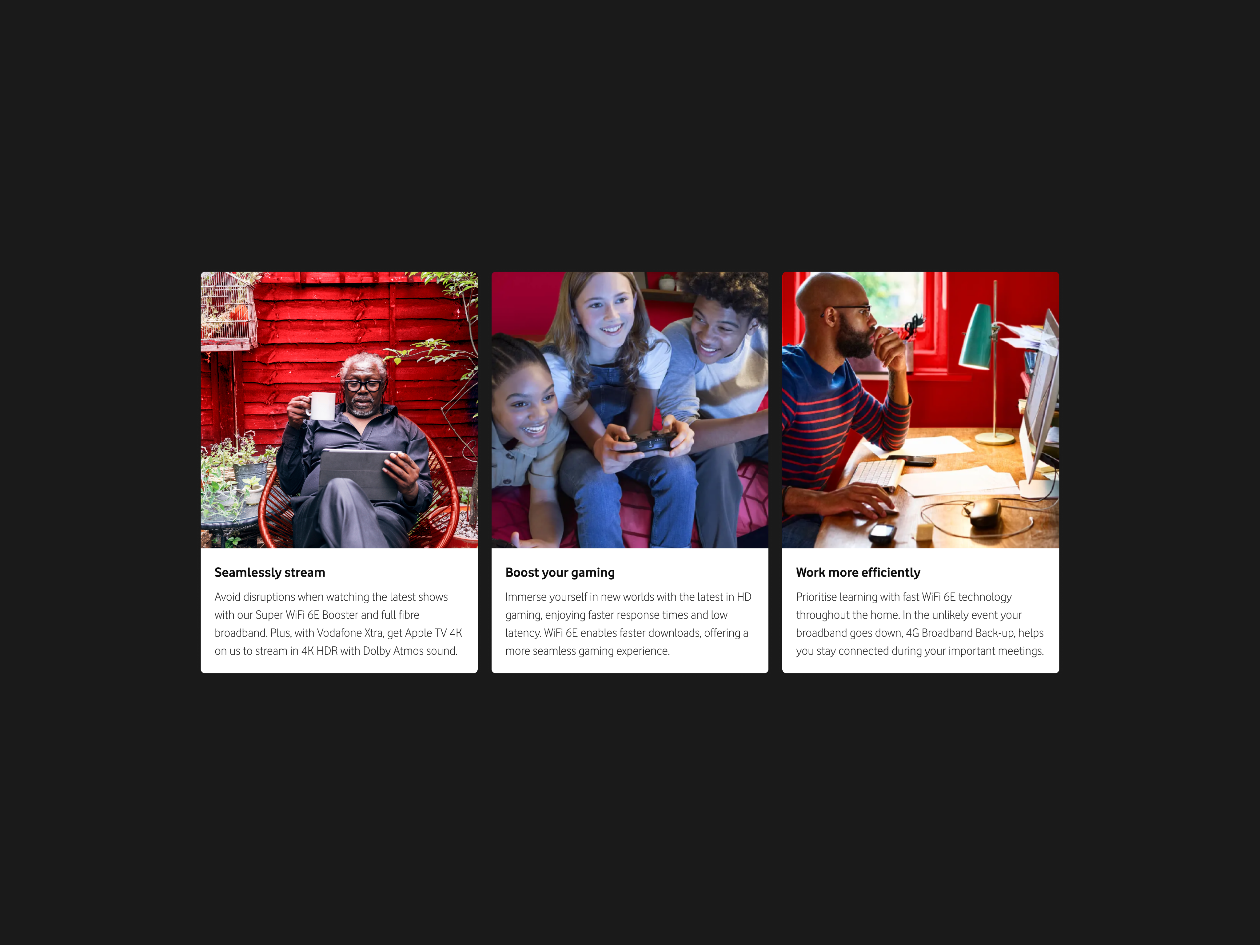 Close up of three product benefit cards detailing what you can do with Pro II broadband.