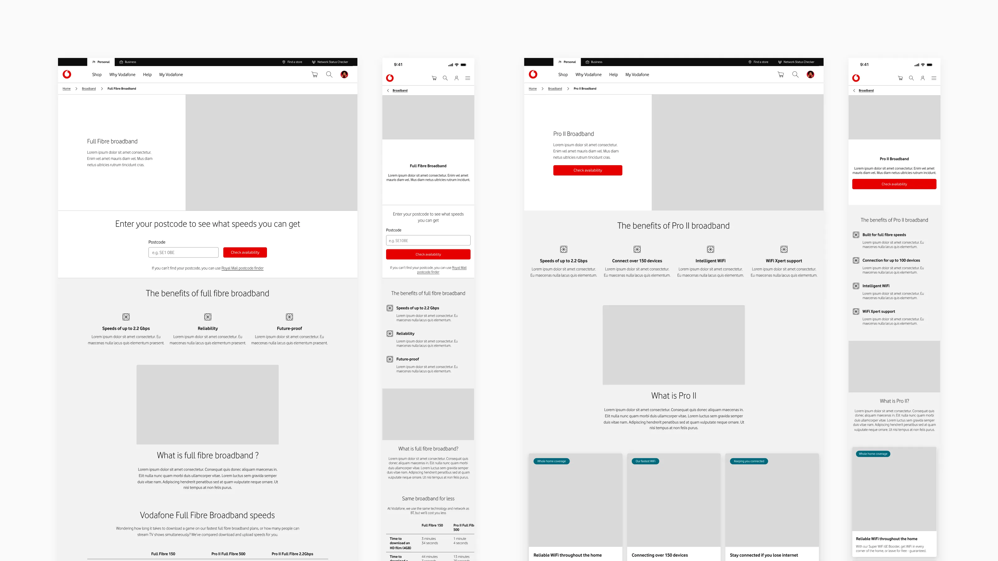 Desktop and mobile wireframes of two broadband pages showing improved structure, clearer content heirarchy, and clearer design.