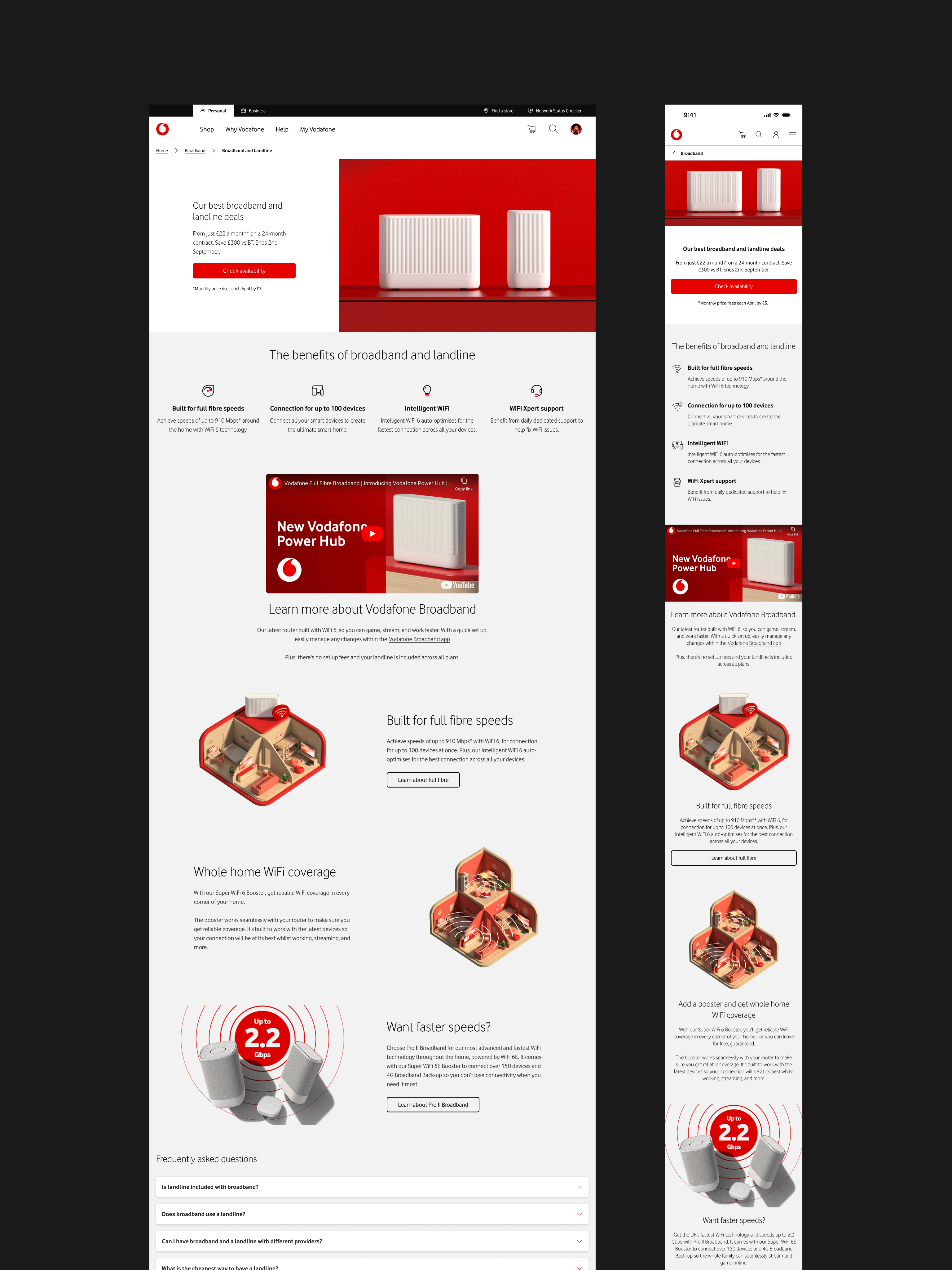 High fidelity designs of the desktop and mobile screens of the Vodafone broadband and landline page.