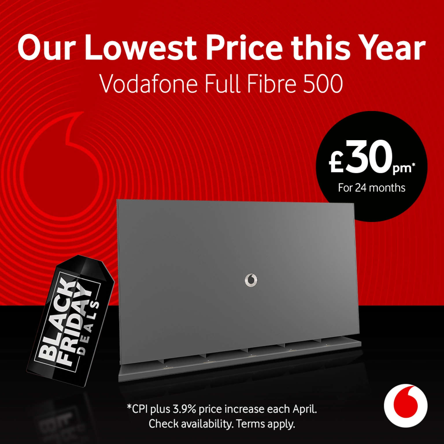 Social advert for Vodafone broadband showing router on a stage with a red background and a Black Friday promotional message.