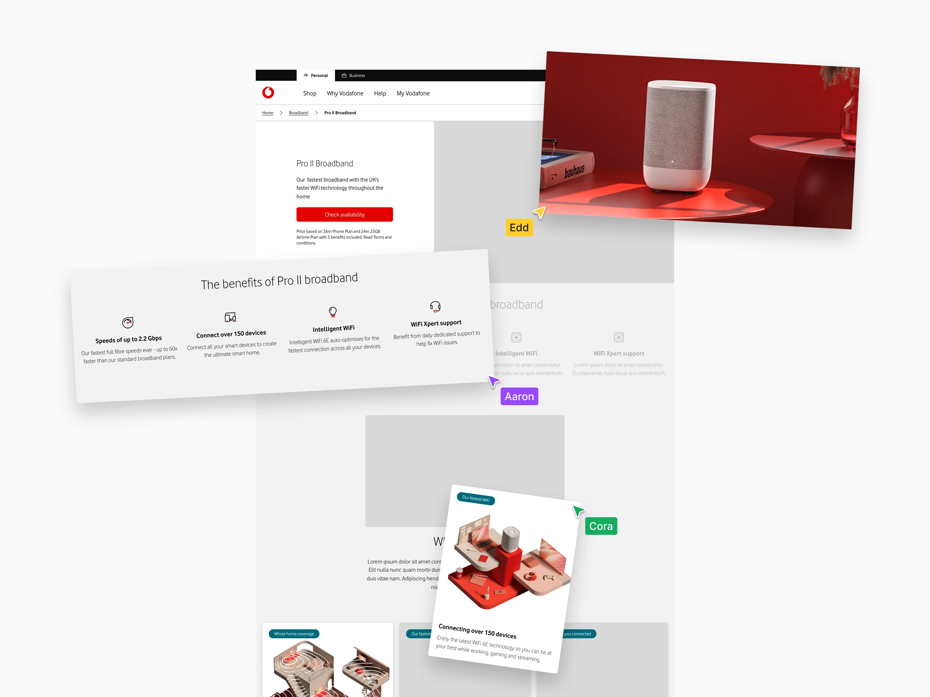 Wireframe design screen being populated with completed design components by three users.