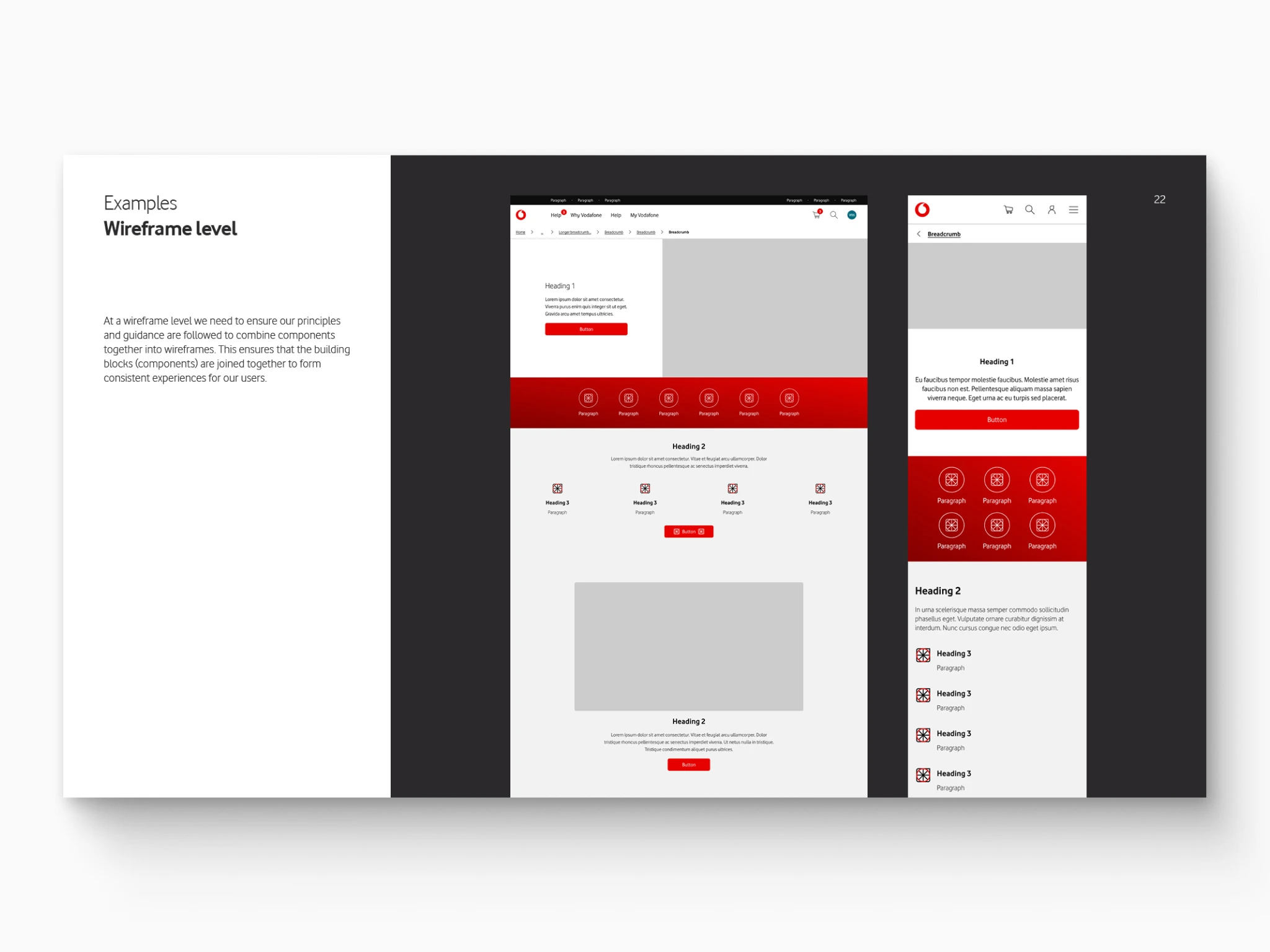 Illustrated mockup design Wireframe page design wit design system components showing how the design principles come together to form a wireframe.