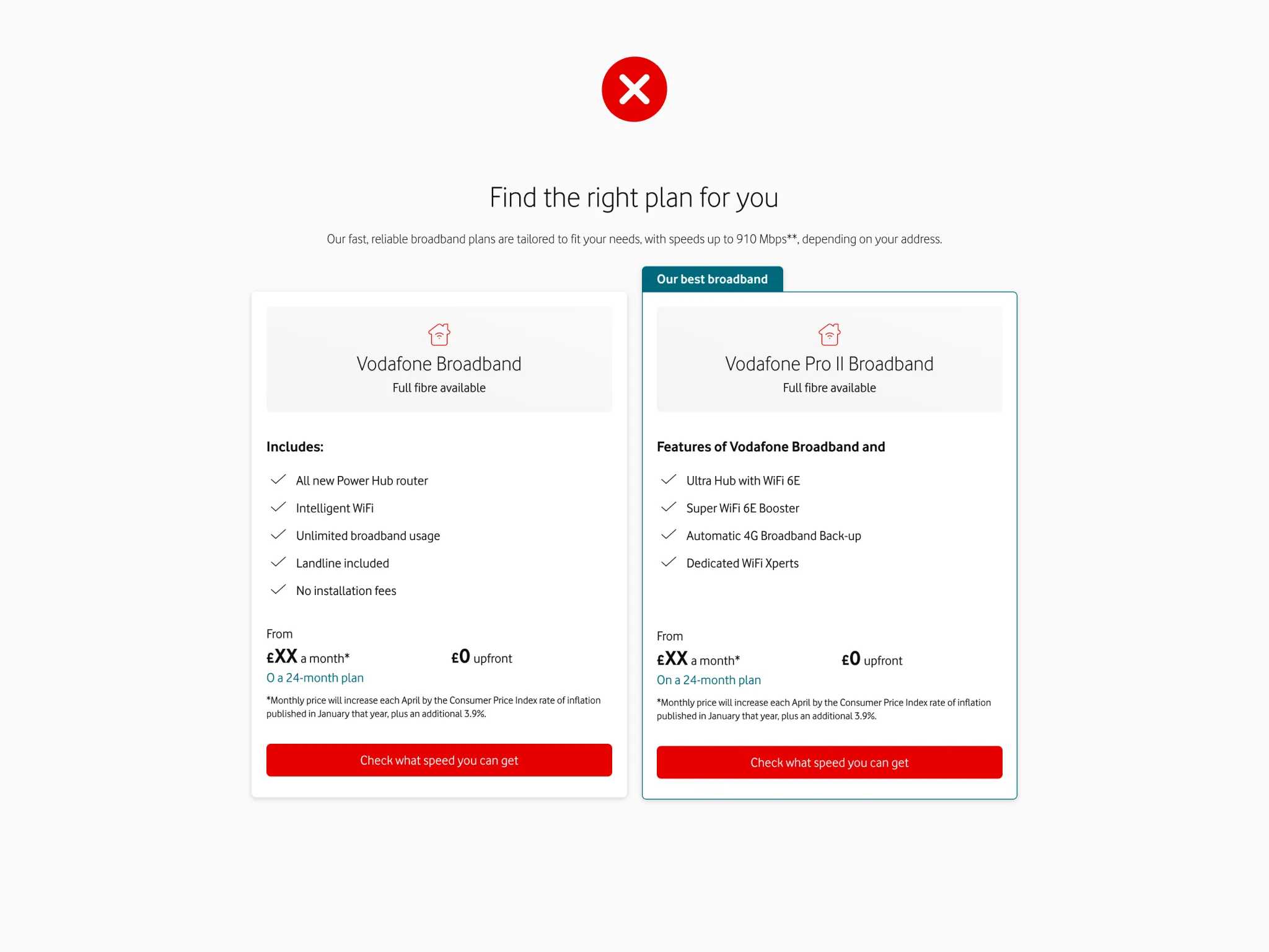 Bad design: Plan card components showing poor comparison between broadband plans.