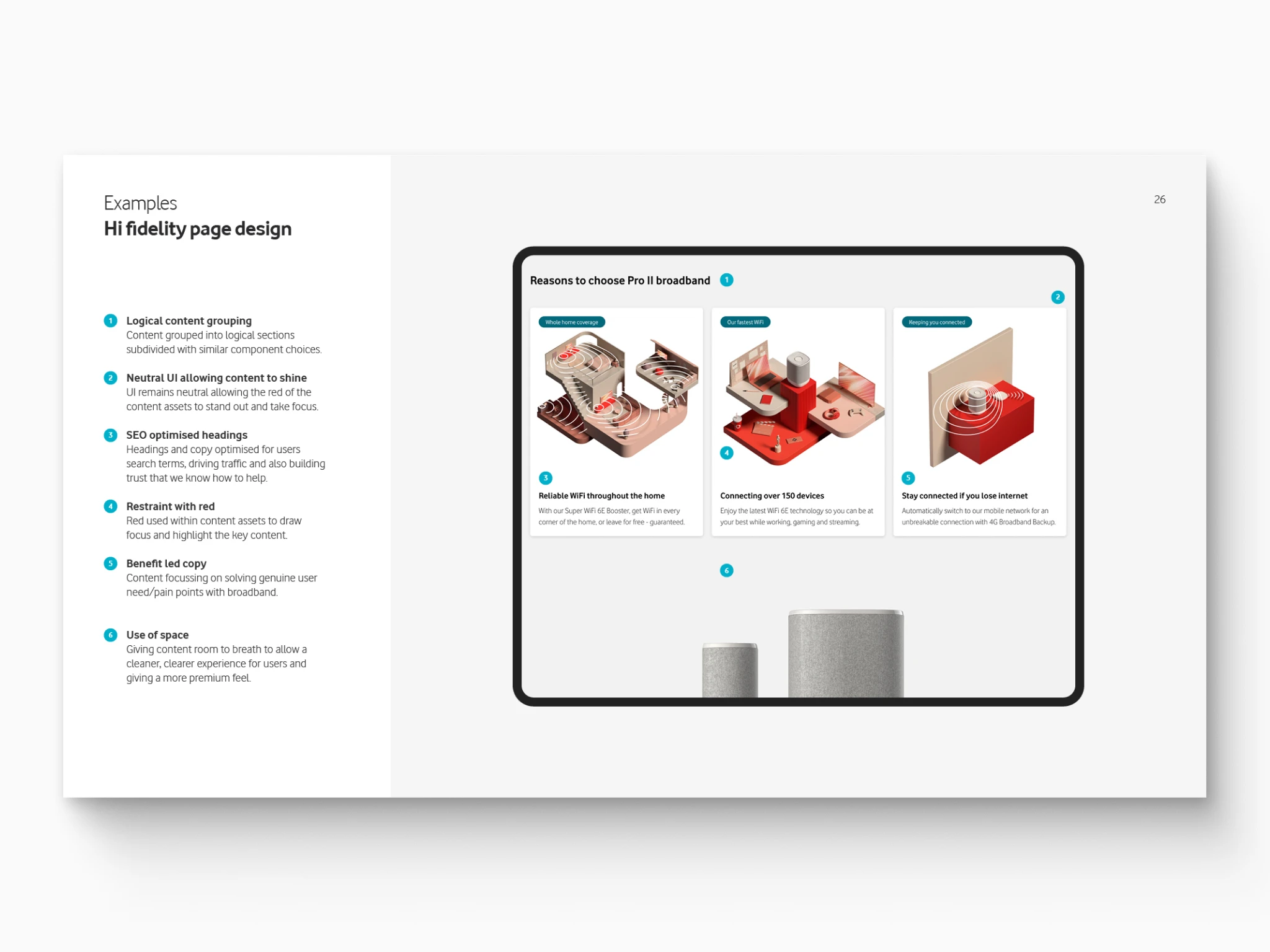 Design language slide breaking down a final design screen and explaining how the design principle have been actioned.